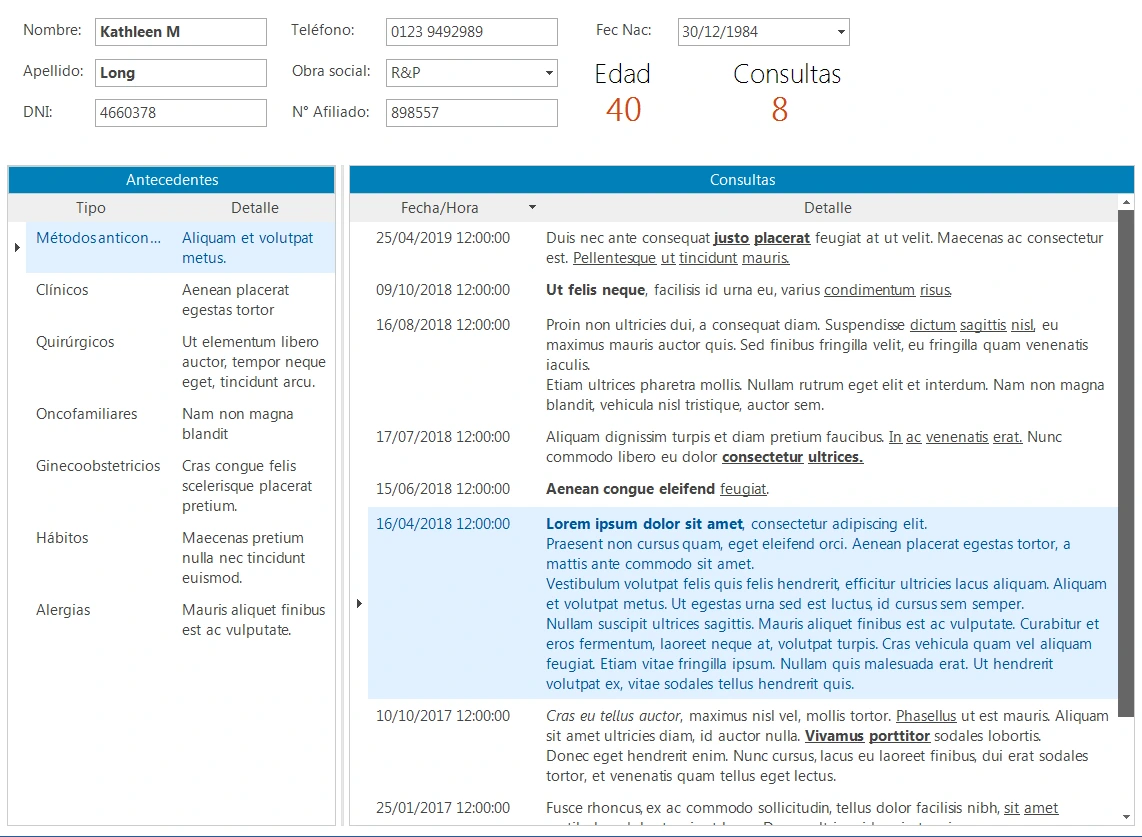 Formulario principal de historia clínica AuroraHC